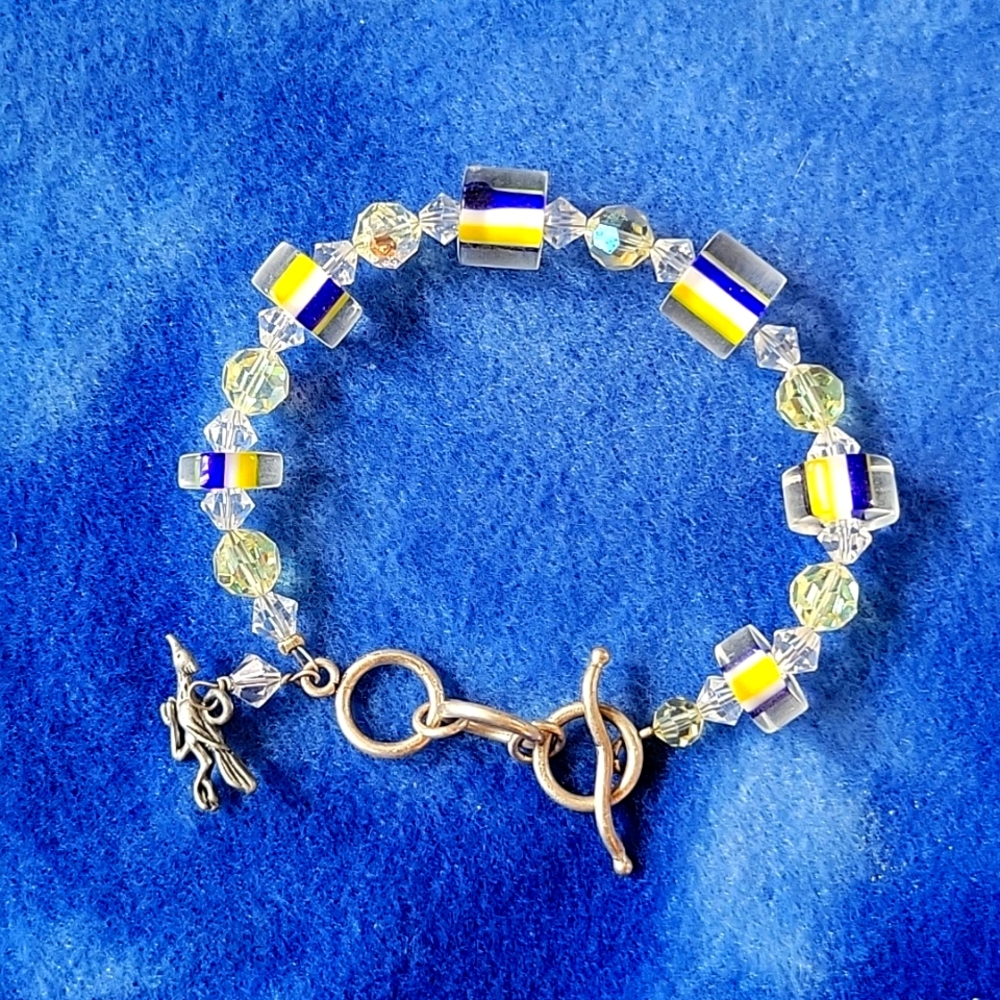 Blue and Yellow Crystal Bead Bracelet with Roadrunner Charm